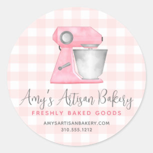 Sticker Rond Mélangeur de cuisine rose pastel Gingham à carreau
