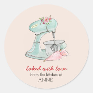 Sticker Rond Mélangeur de gâteaux "Baked with love" Bakers rose