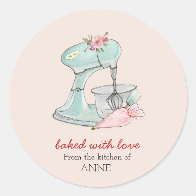 Sticker Rond Mélangeur de gâteaux "Baked with love" Bakers rose (Devant)