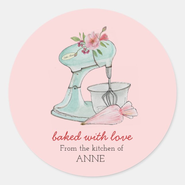 Sticker Rond Mélangeur de gâteaux "Cuit avec amour" rose (Devant)