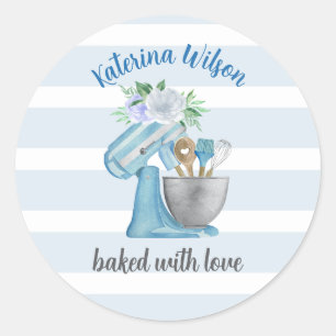 Sticker Rond Mélangeur Fleur Bleue Home Bakery cuit avec amour 