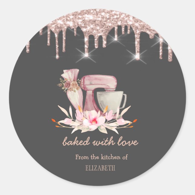 Sticker Rond Mélangeur, Sac de tuyauterie Fleurs Rose Gold Driv (Devant)