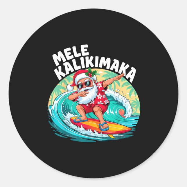 Sticker Rond Mele Kalikimaka Hawaiian Christmas Santa Surfing B (Devant)