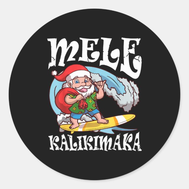 Sticker Rond Mele Kalikimaka Santa Surfing Hawaii Christmas  (Devant)