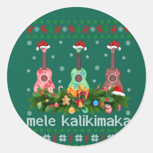 Sticker Rond Mele Kalikimaka Ukulele Guitar Gift Ugly Ukulele (Devant)