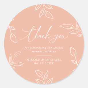 Sticker Rond Melon Pink Elegant Feuille Merci Mariage
