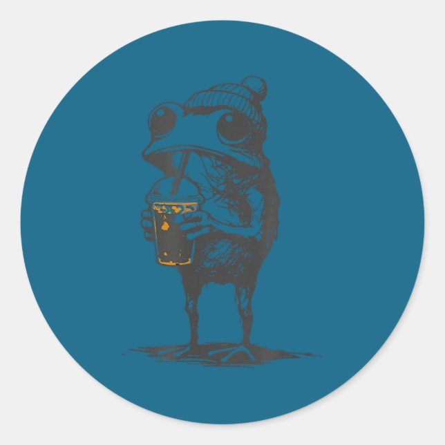 Sticker Rond Mème d'animal drôle grenouille buvant du café glac (Devant)