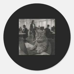 Sticker Rond Mème de chat drôle Fumer la cigarette au travail H