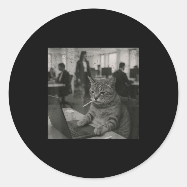 Sticker Rond Mème de chat drôle Fumer la cigarette au travail H (Devant)