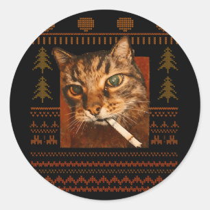 Sticker Rond Mème de chat qui fume drôle de Noël laid pour homm