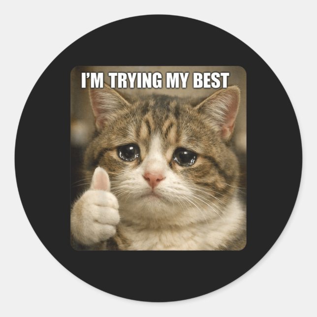 Sticker Rond Mème de chat qui pleure drôle pour hommes femmes e (Devant)