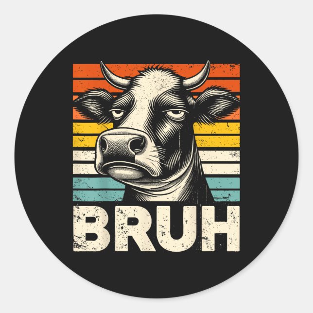 Sticker Rond Mème Graphique Drôle Vache Bruh Pour Garçons Fille (Devant)
