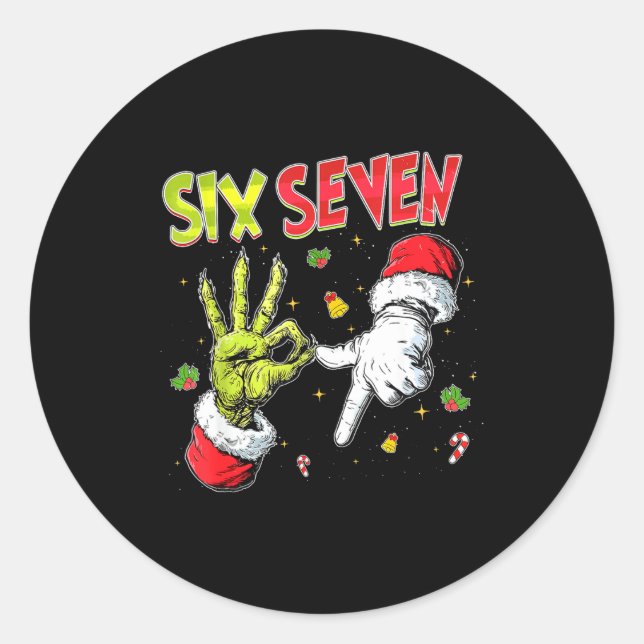Sticker Rond Meme Number 67 Bro Slang Six Seven Christmas Hand  (Devant)