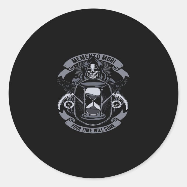 Sticker Rond memento mori your time will come (Devant)