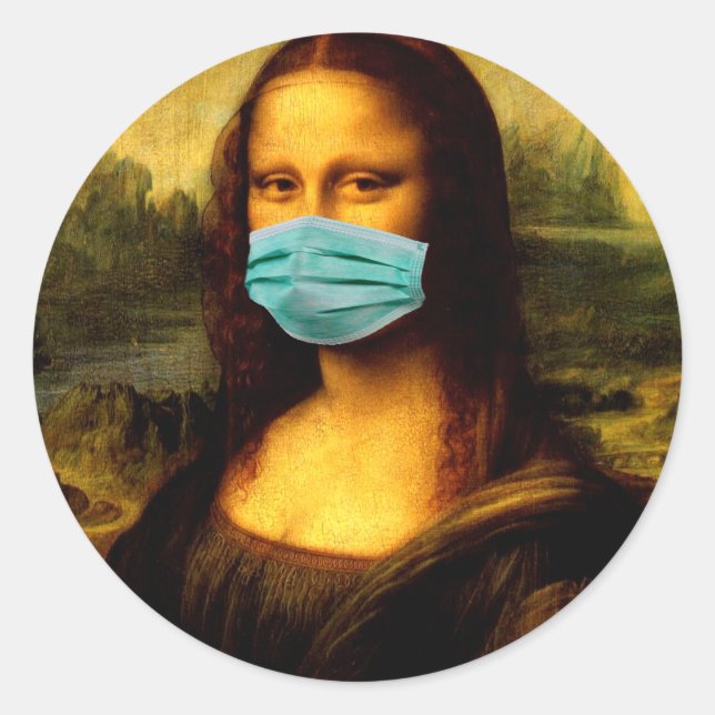 Sticker Rond Mèmes. Drôle. Mona Lisa en quarantaine. (Devant)