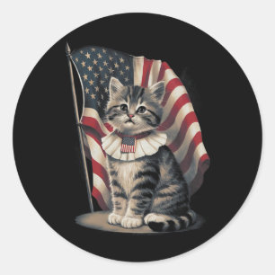 Sticker Rond Memorial Day Chat Funny Kitten 4 juillet Patrioti