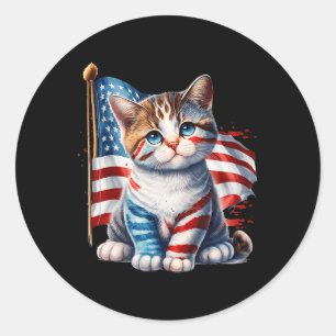 Sticker Rond Memorial Day Chat Funny Kitten 4 juillet Patrioti