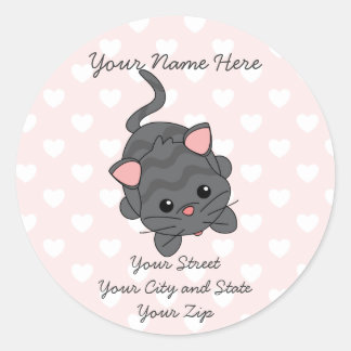 Sticker Rond Mendier Kitty avec les coeurs