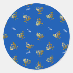 Sticker Rond Ménorah d'or et L'Chaim Bleu