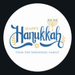 Sticker Rond Menorah d'or "Happy Hanoukka"<br><div class="desc">"Happy Hanoukka" Gold Menorah design.</div>