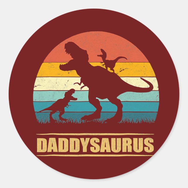 Sticker Rond Mens Daddy Dinosaur Daddysaurus 2 Enfants Père (Devant)
