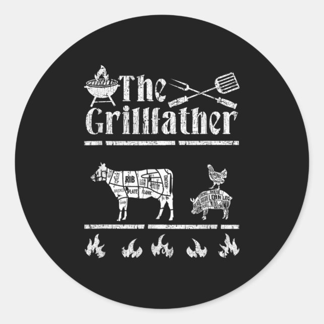 Sticker Rond Mens Le Grillfather Id Fumée que Bbq Funny (Devant)