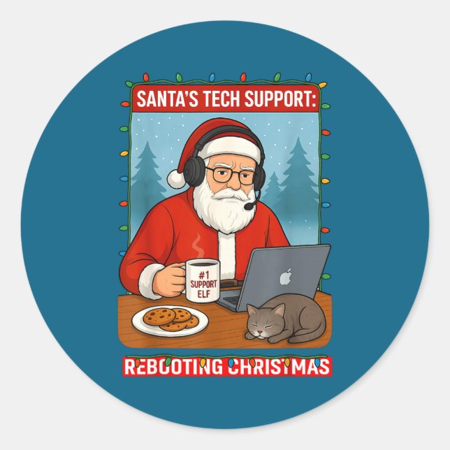 Sticker Rond mens Rebooting Santa s Tech Support (Devant)