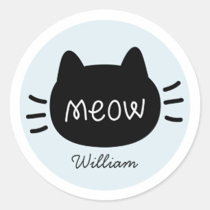Sticker Rond Meow Black Cat Face Nom bleu