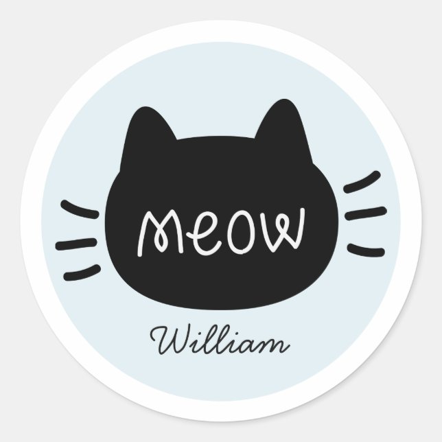 Sticker Rond Meow Black Cat Face Nom bleu (Devant)