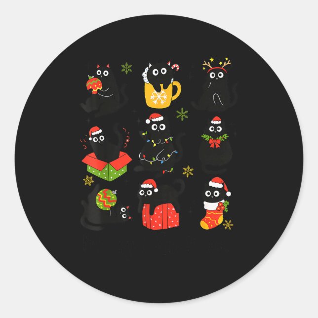 Sticker Rond Meow Christmas Xmas Lights Black Cat Pajamas Famil (Devant)