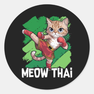 Sticker Rond Meow Thai Funny Muay Thai Boxe Chat Arts Martiaux