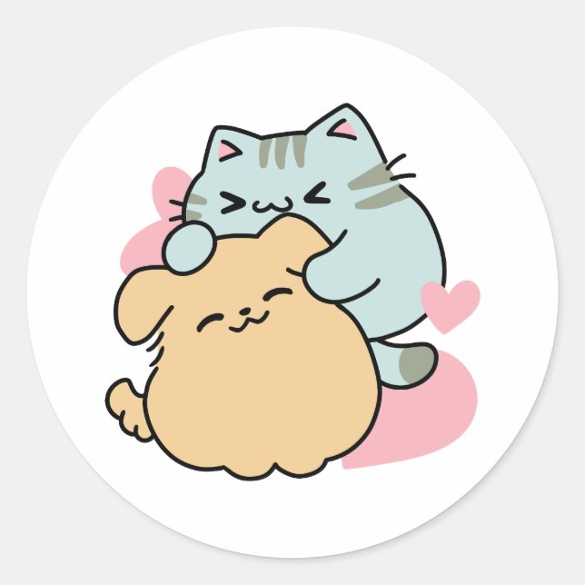 Sticker Rond Meow & Woof Perfect Together - Cute Cat and Dog (Devant)