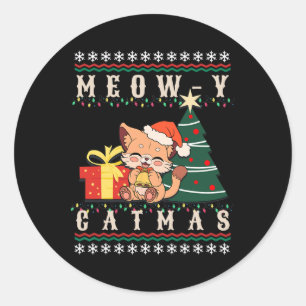 Sticker Rond Meow y Catmas Chat Noël Arbre de Noël Filles Garço
