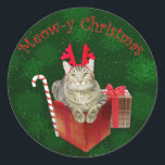 Sticker Rond Meow-y Christmas<br><div class="desc">Un chat en tabby mignon et amusant portant des bois de rennes et célébrant "Meow-y Christmas". Grand cadeau de Noël pour les amoureux de les chats pendant les saisons de vacances.</div>