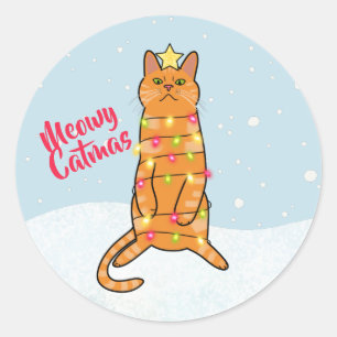 Sticker Rond Meowa catmas pun drôle chat lumières de Noël plat