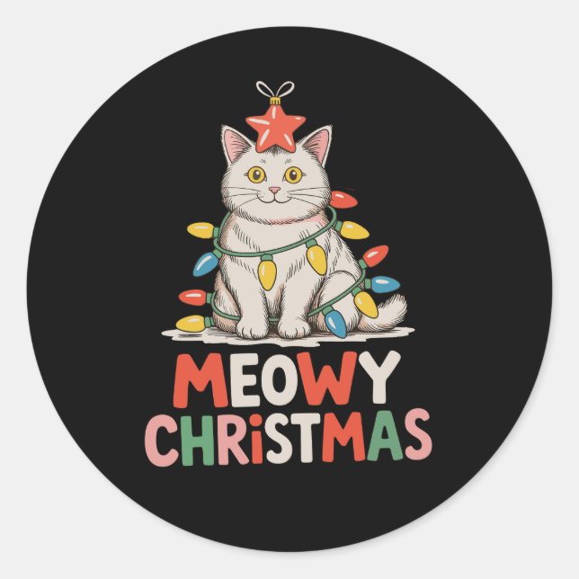 Sticker Rond MeowChristmas Funny Cute Chat Noël Lumières Fête (Devant)
