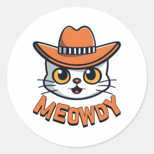 Sticker Rond Meowdy ! Caricature de chatte Cute Cowboy