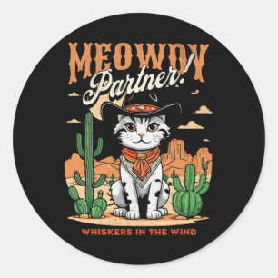 Sticker Rond Meowdy Partner Cowboy Chat Carton Vintage Drôle