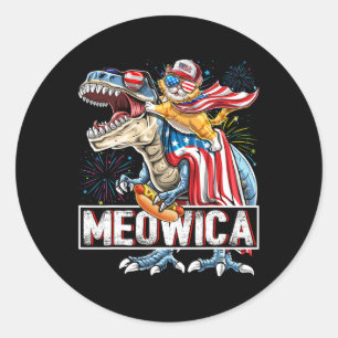 Sticker Rond Meowica Cat T Rex Dinosaur 4 juillet Fl américain
