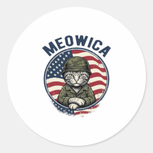 Sticker Rond Meowica Chat Patriotique Chemise Gravure Vintage D