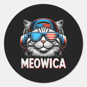 Sticker Rond Meowica patriotique 4 juillet Chat Drapeau América