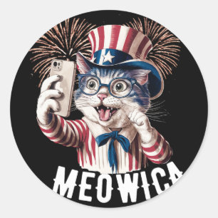 Sticker Rond Meowica patriotique 4 juillet Chat Drapeau América