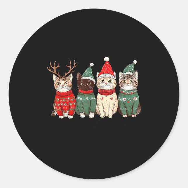 Sticker Rond Meowy Catmas Cat Christmas Lights Xmas Pajamas Cat (Devant)