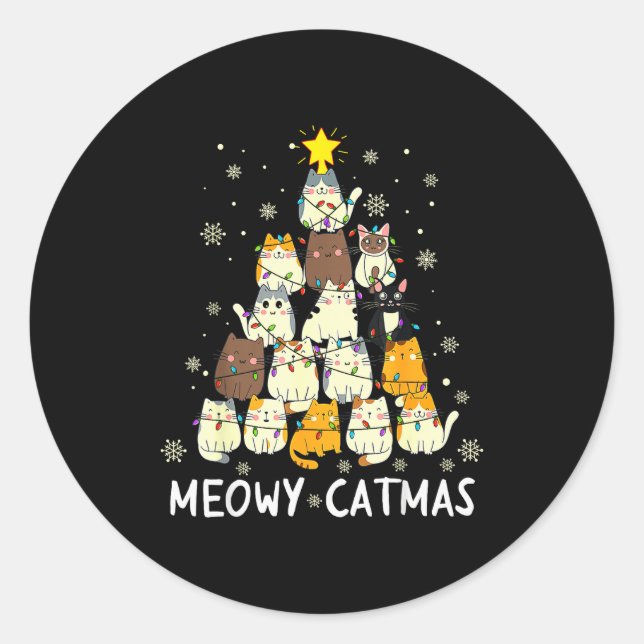 Sticker Rond Meowy Catmas Cat Christmas Tree Xmas Girls Boys Fu (Devant)