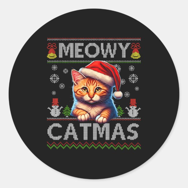 Sticker Rond Meowy Catmas Cat Santa Christmas Kitten Xmas Ugly  (Devant)