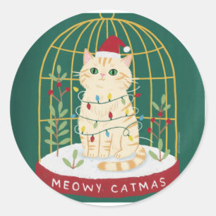 Sticker Rond Meowy Catmas Chat Roux en Cage Boule à Neige