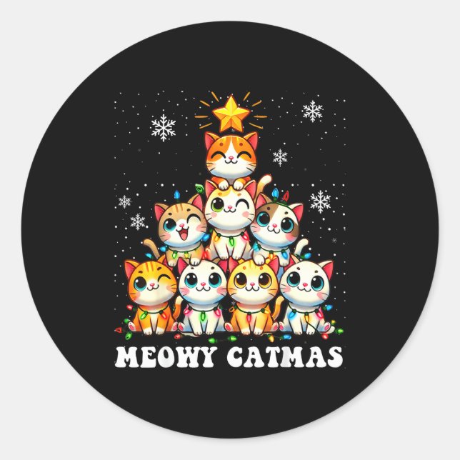 Sticker Rond Meowy Catmas Funny Christmas Tree Lights Cute Cat  (Devant)