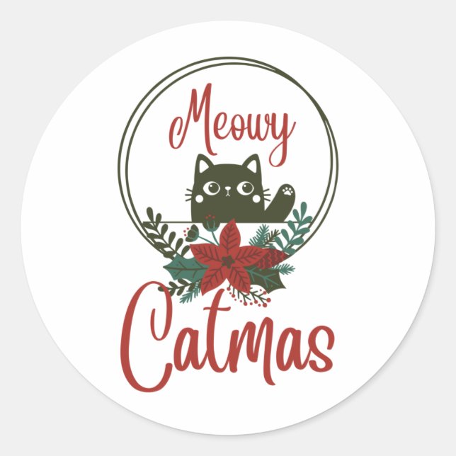 Sticker Rond Meowy Catmas, Noël drôle (Devant)