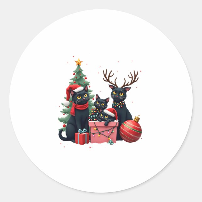Sticker Rond Meowy Christmas Black Cats Jouer Christmas Tree Li (Devant)