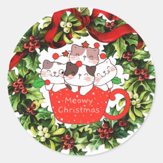 Sticker Rond Meowy Christmas Cats dans une coupe mignonne Stick